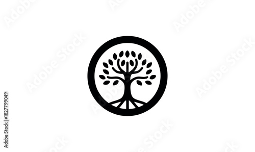 Minimalist Tree of Life Black Silhouette Icon in Circle, Abstract Vector Logo or Symbol of Nature, Growth, and Ecology, Circular Logo for Sustainability, Environment, or Family Heritage,