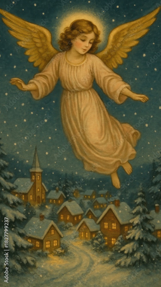 Naklejka premium Ethereal angel over snowy village mobile wallpaper