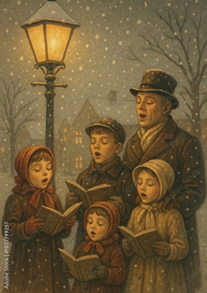 Obraz premium Vintage carolers under snowy lamp.