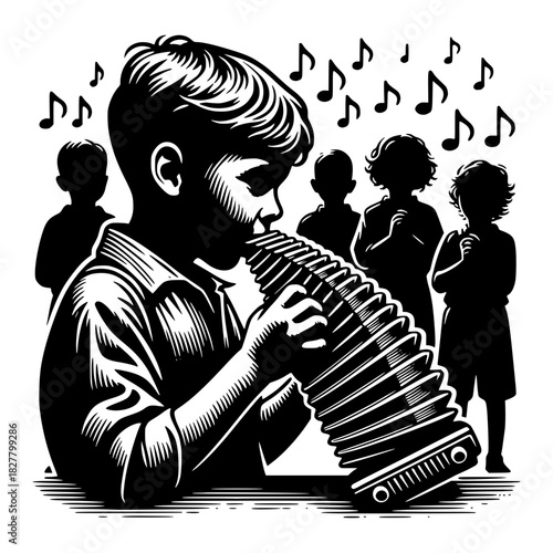 Boy enthralling audience by playing mouth organ vector image illustration