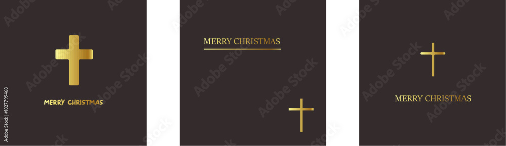 Obraz premium Merry Christmas Christian golden geometric background collection with golden text and cross. Merry Christmas minimalistic poster set, social media post layout, square banner design template set