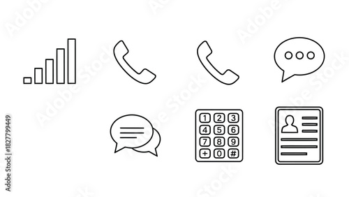 Set of six icons representing communication, data, and information management