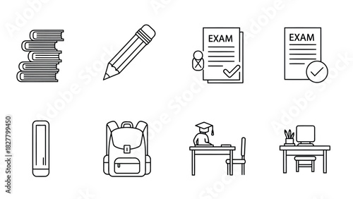 Educational icons including books, pencil, exam papers, backpack, and computer