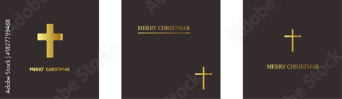 Merry Christmas Christian golden geometric background collection with golden text and cross. Merry Christmas minimalistic poster set, social media post layout, square banner design template set