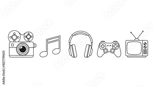 Collection of icons representing music, photography, gaming, and television
