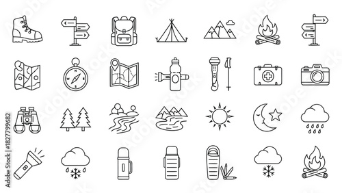 Camping and Outdoor Adventure Line Icons Set – Hiking, Nature, Survival, Travel Symbols