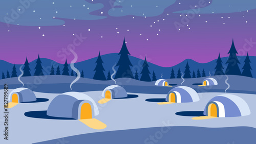 Cozy igloos glow warmly under a starry winter night sky