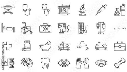 Medical icons representing various healthcare tools and services
