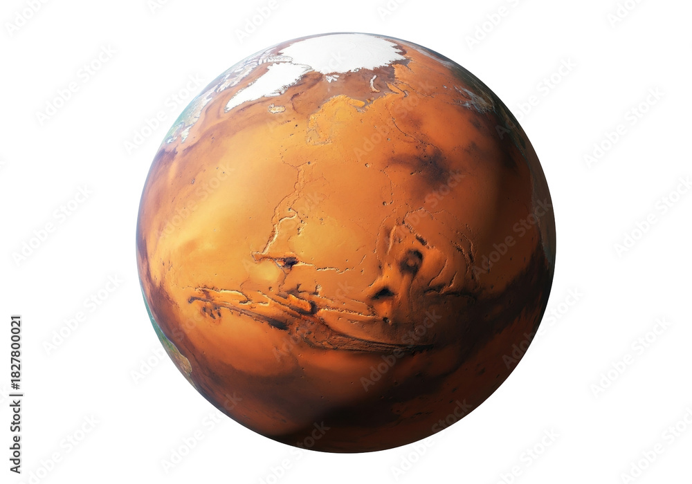 Obraz premium Isolated view of the planet Mars featuring polar ice cap, valleys, and red surface dust