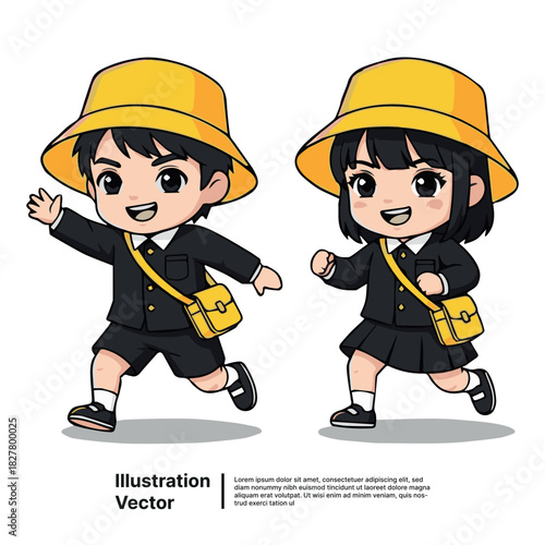 Happy cartoon children in Japanese kindergarten uniforms running with excitement to school