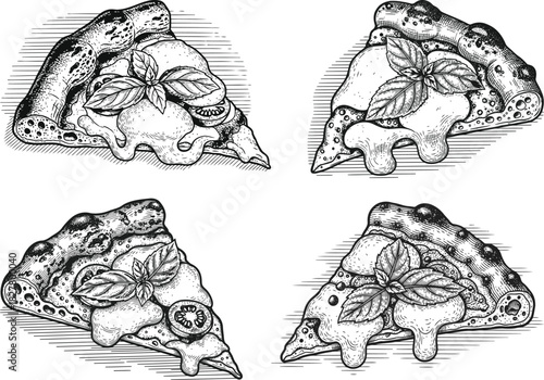 Vintage engraved Neapolitan wood-fired pizza slice icon set featuring detailed cheese texture, basil leaves and rustic crust