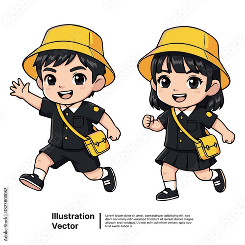 Charming vector illustration of cheerful young students in school uniforms, running enthusiastically for their daily learning adventure