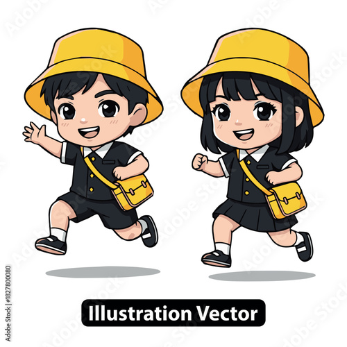 Cheerful kindergarten students, a boy and girl in matching uniforms, happily running to school