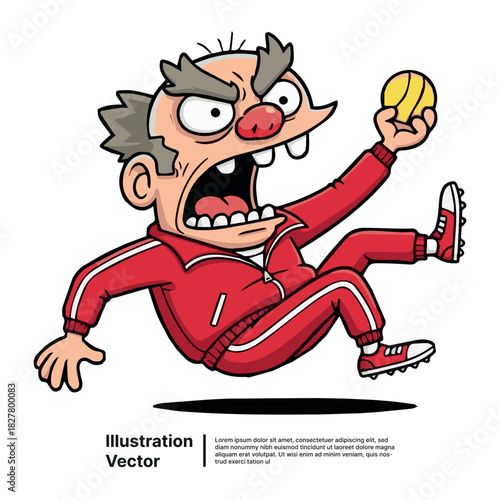 Angry old man in a red tracksuit throwing a yellow ball cartoon character illustration