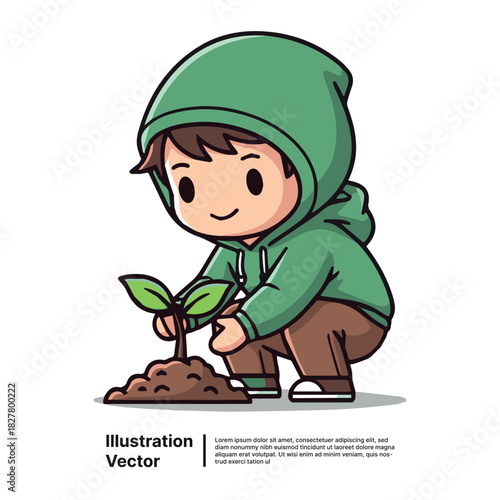 Enchanting Illustration of a Boy Planting a Sapling Embracing Nature's Wonders