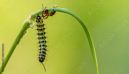 Caterpillar and ant meet on a thin green stem against a soft, bright green and yellow blurred background