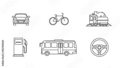 Various modes of transportation including cars, bicycles, trains, buses, and fuel pumps