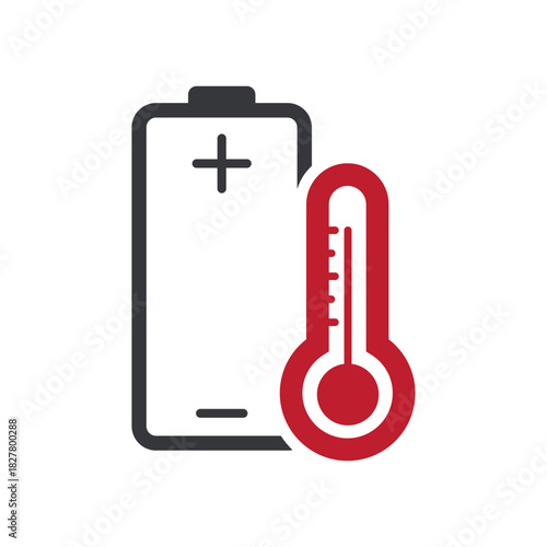 Isolated pictogram of a battery with thermometer, overheating risk. Safety warning sign for hot battery, high temperature accumulator, and thermal hazard.