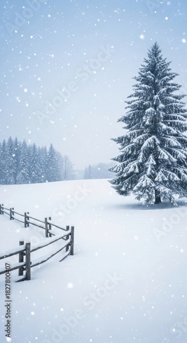 Serene winter landscape with falling snow. Rustic wooden fence in snowy field. Evergreen trees under pale blue sky