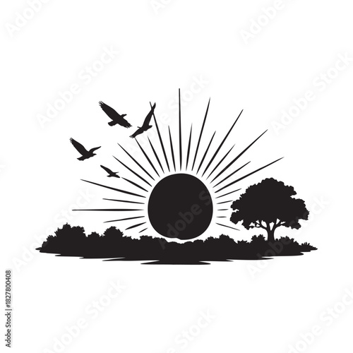 Silhouette of a tree in the sunset. Black and White Forest Landscape Silhouette Vector with Trees and Birds. Minimal Nature Artwork, Monochrome Horizon Scene, Clean Wildlife Illustration.