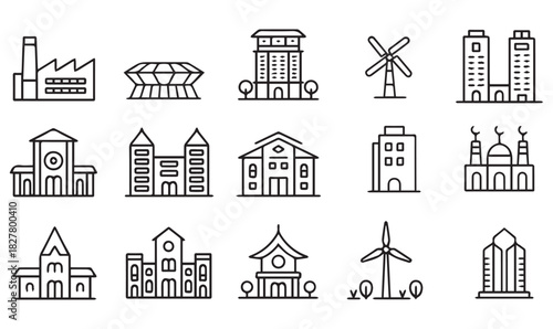 Architectural Line Icons Set – Global Building Styles and Infrastructure Symbols Collection