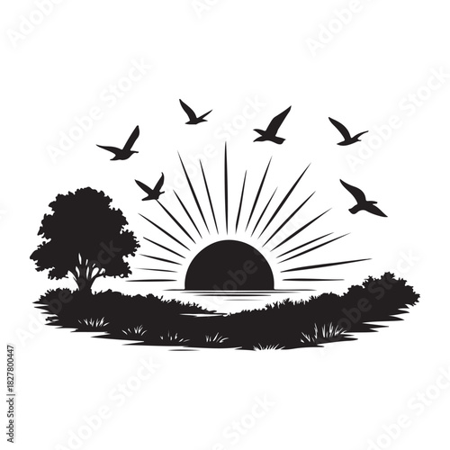 Minimal Black and White Landscape Silhouette Vector of Trees and Flying Birds. Monochrome Nature Scene, Forest Horizon Outline, Elegant Artistic Wildlife Design