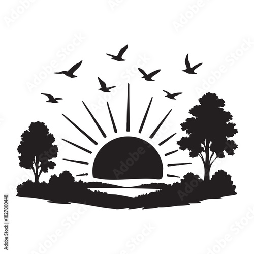 Landscape with trees and birds. Black and White Nature Landscape Silhouette Vector with Trees and Flying Birds. Minimal Forest Horizon, Monochrome Wildlife Scene, Clean Artistic Design.