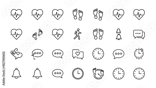 Outline set of heart, health, fitness, pulse, wellness, care and activity icons for medical and lifestyle design.