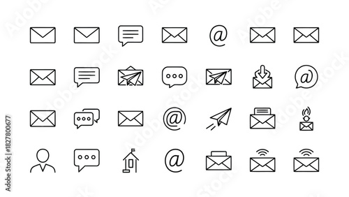 Minimal outline email, message, chat, inbox, send, mail and communication icons for apps and web interfaces.