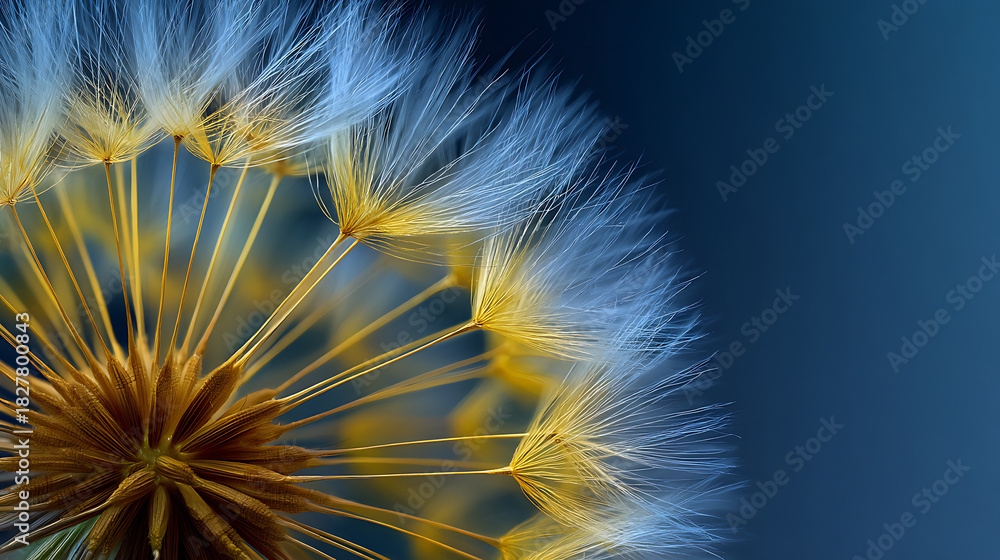 Naklejka premium Delicate Dandelion Seed Head Close-up Against Dark Blue Background, Nature's Fragile Beauty