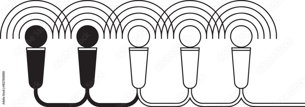 Fototapeta premium Five Microphones with Sound Waves Emanating from Them audio broadcast