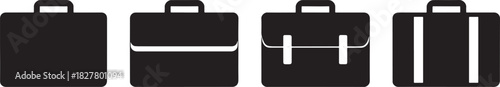 Four black silhouette icons of briefcases with varying details luggage business