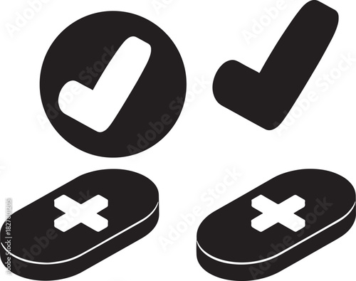 Four icons: checkmark in circle, checkmark, pill with cross, pill with cross tick confirm