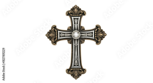Isolated ornate metallic Christian cross symbol, religious sign of faith and Christianity