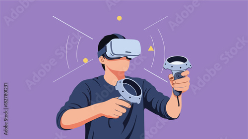 Man Immersed in Virtual Reality Experience with VR Headset and Controllers
