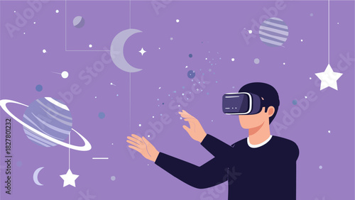 Immersive VR Experience Man Exploring Virtual Outer Space