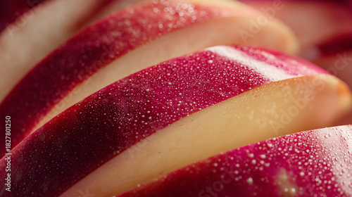 A close up of sliced red apples with water droplets in a row showing the fresh fruit texture