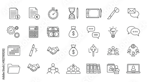 Outline vector icons for finance, business, communication, planning, productivity and digital apps.
