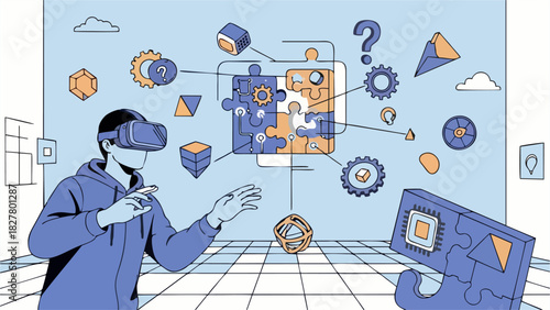 Man Using VR Headset Solving Digital Puzzle Virtual Reality Technology Concept