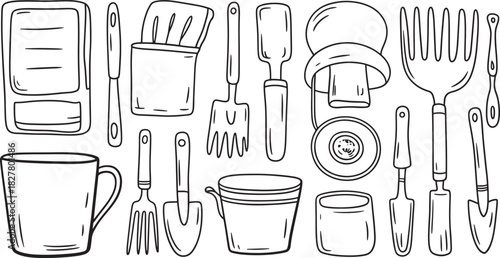 Hand Drawn Garden Tools and Utensils Collection Doodle Art gardening shovel
