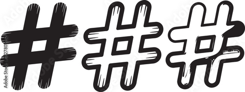 Hashtag symbols in three distinct graphic styles on white background pound number