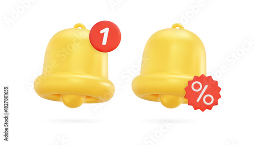 3D golden bell icons with notification badge and discount label isolated on white background for app alerts, sale banners and festive holiday design