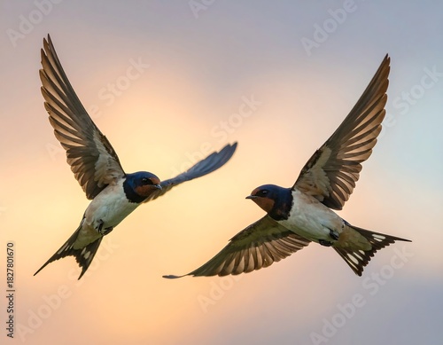 Two swallows gracefully soar, wings spread wide against a soft, muted sunset-toned background