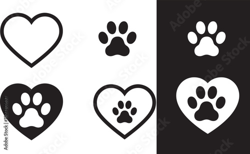 Heart And Paw Print Icons In Various Styles Black White love animal