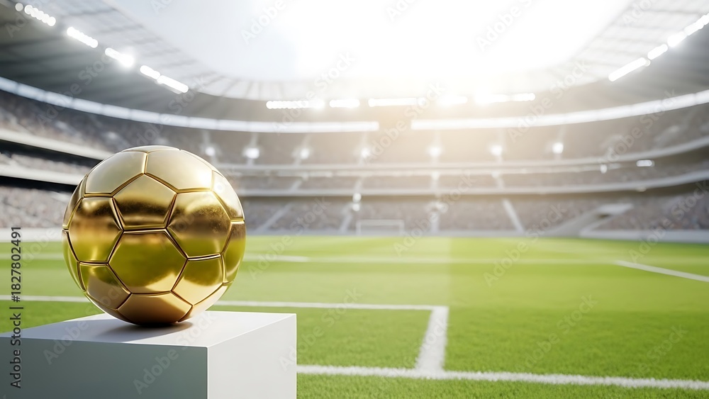 Fototapeta premium Golden soccer ball trophy on display at stadium podium against blurred grandstands and field