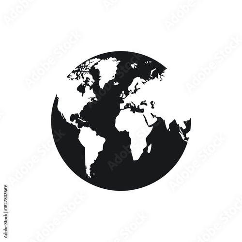 A simple black and white illustration of the Earth globe, showing continents and oceans.