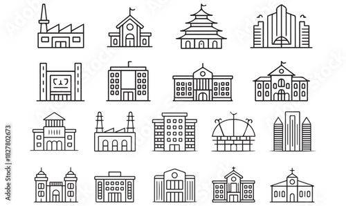 Global Architecture Icon Set – Cultural and Institutional Building Line Art Collection