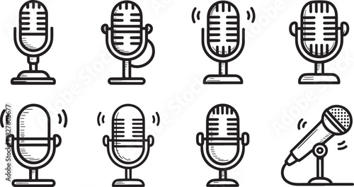 Set of eight vintage and modern microphone icons audio sound