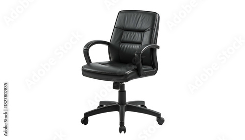 Executive Black Leather Swivel Office Chair with Casters on White Background