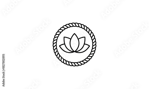 Lotus Flower Line Icon in Round Rope Frame, Minimalist Yoga, Spa, or Meditation Symbol with Rope Border, Modern Monoline Emblem of Water Lily and Nautical Cord, Outline Vector Logo of Purity,